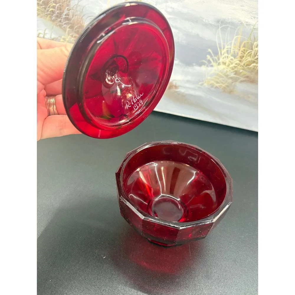 Vintage Ruby Red Glass Candy Dish Han Painted Floral Signed R Pau 1979 F